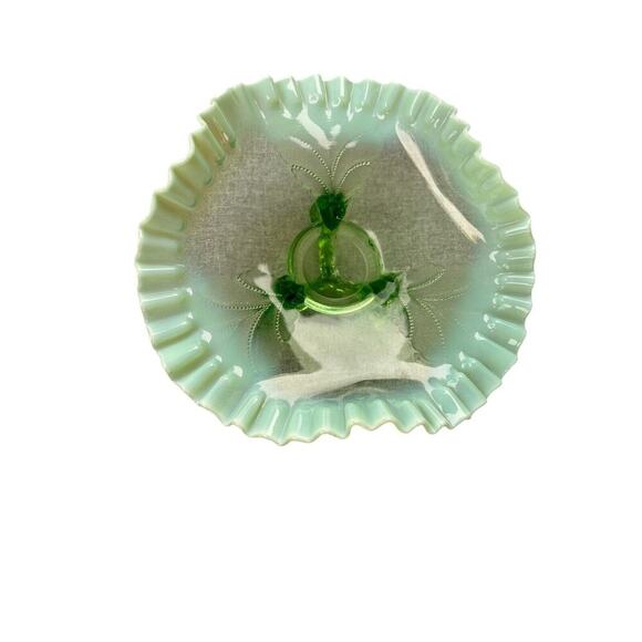 Vintage Green Opalescent Pressed Glass 3 Footed Ruffled Design Candy Dish 8 1/2" - Picture 6 of 9